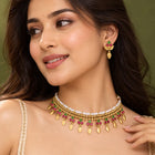 Gold Plated Pink Green Floral Necklace Set