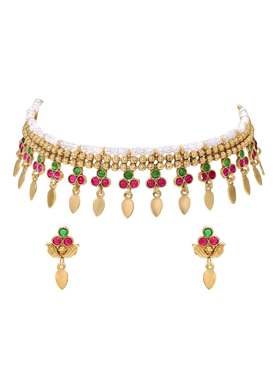 Gold Plated Pink Green Floral Necklace Set