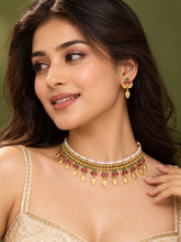 Gold Plated Pink Green Floral Necklace Set