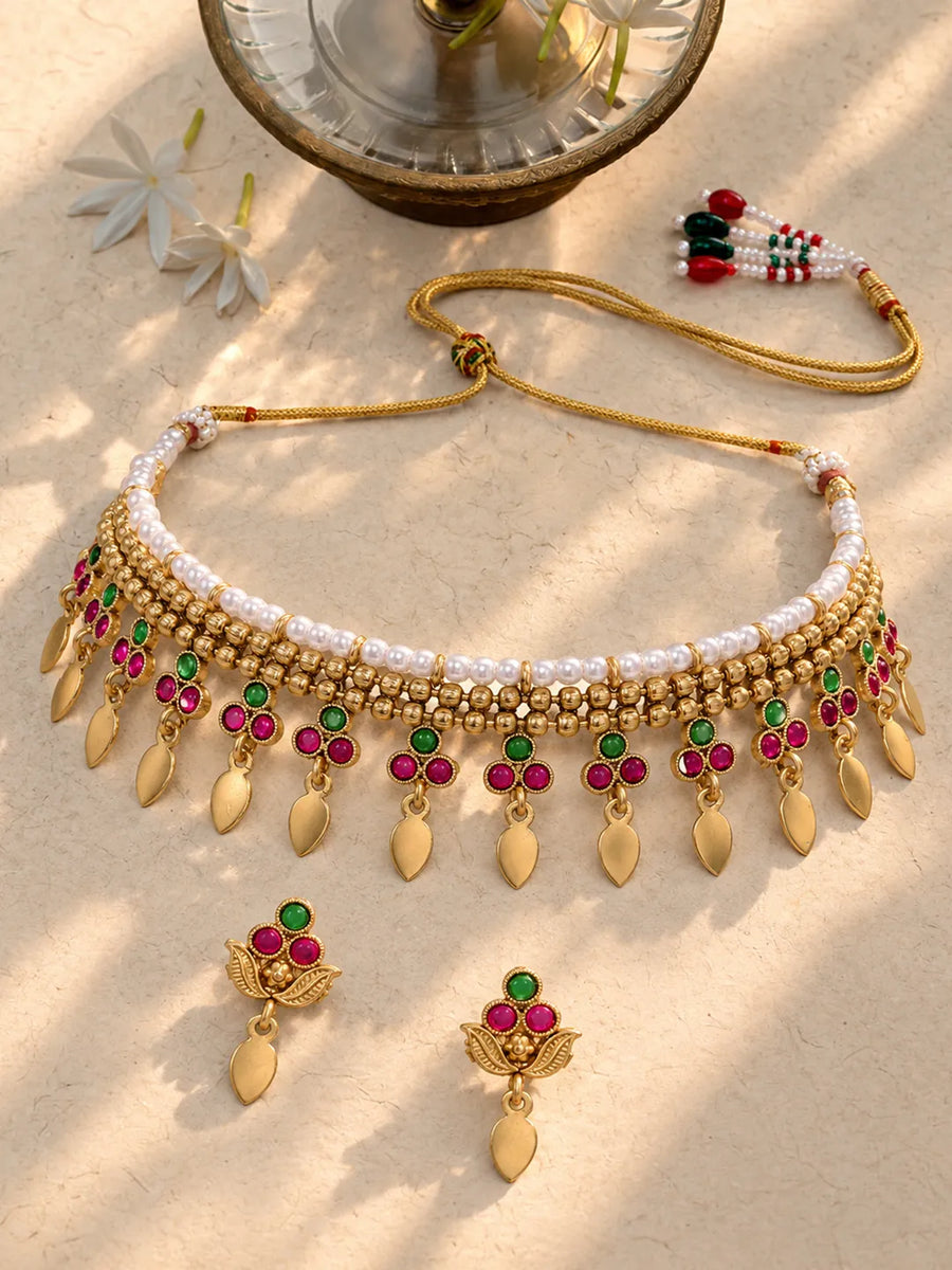 Gold Plated Pink Green Floral Necklace Set