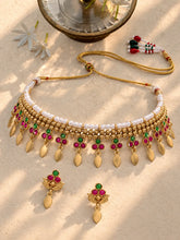 Gold Plated Pink Green Floral Necklace Set