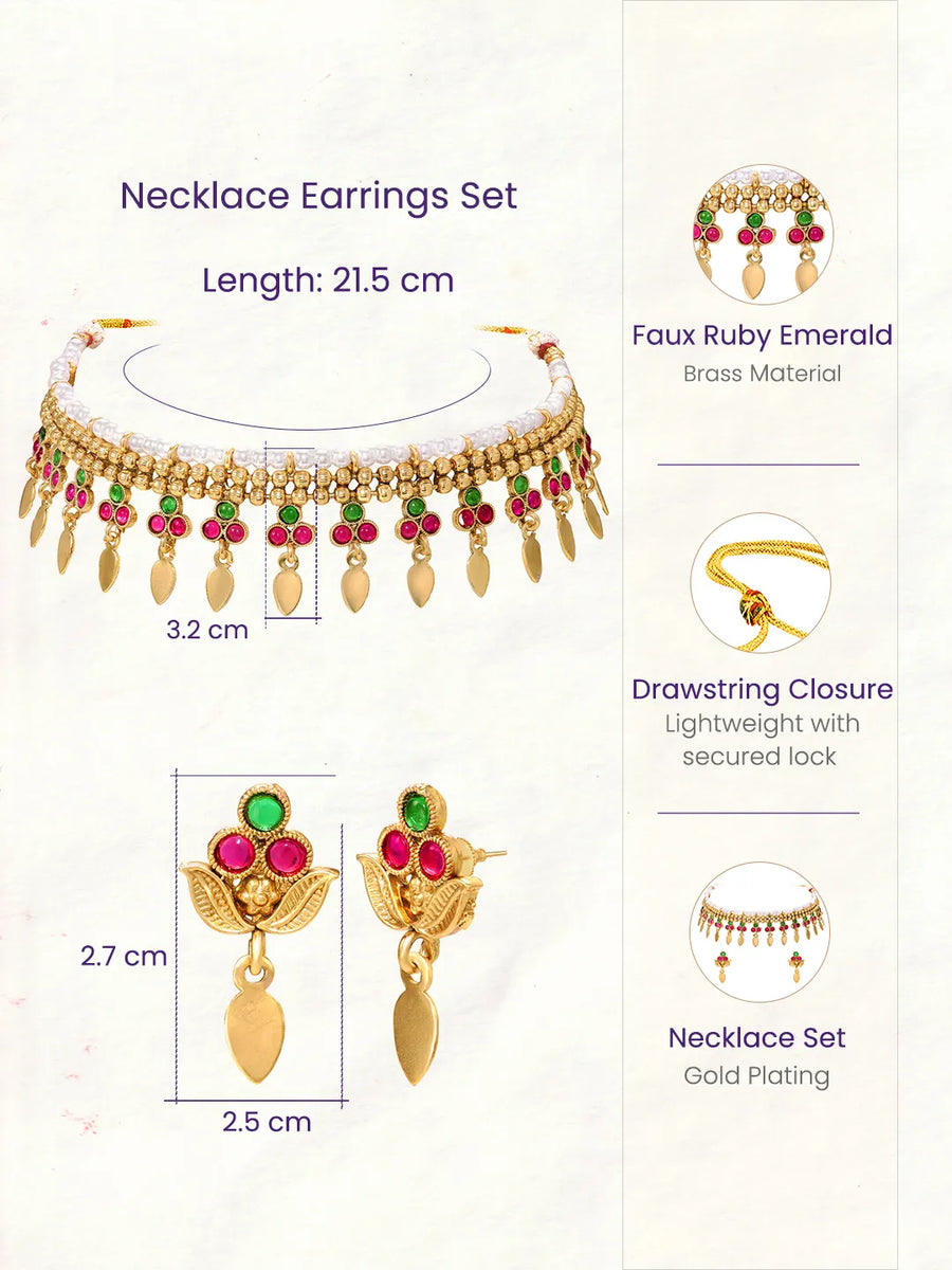 Gold Plated Pink Green Floral Necklace Set