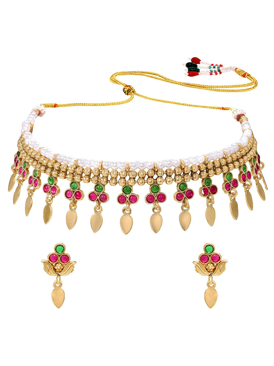 Gold Plated Pink Green Floral Necklace Set