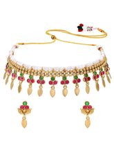 Gold Plated Pink Green Floral Necklace Set