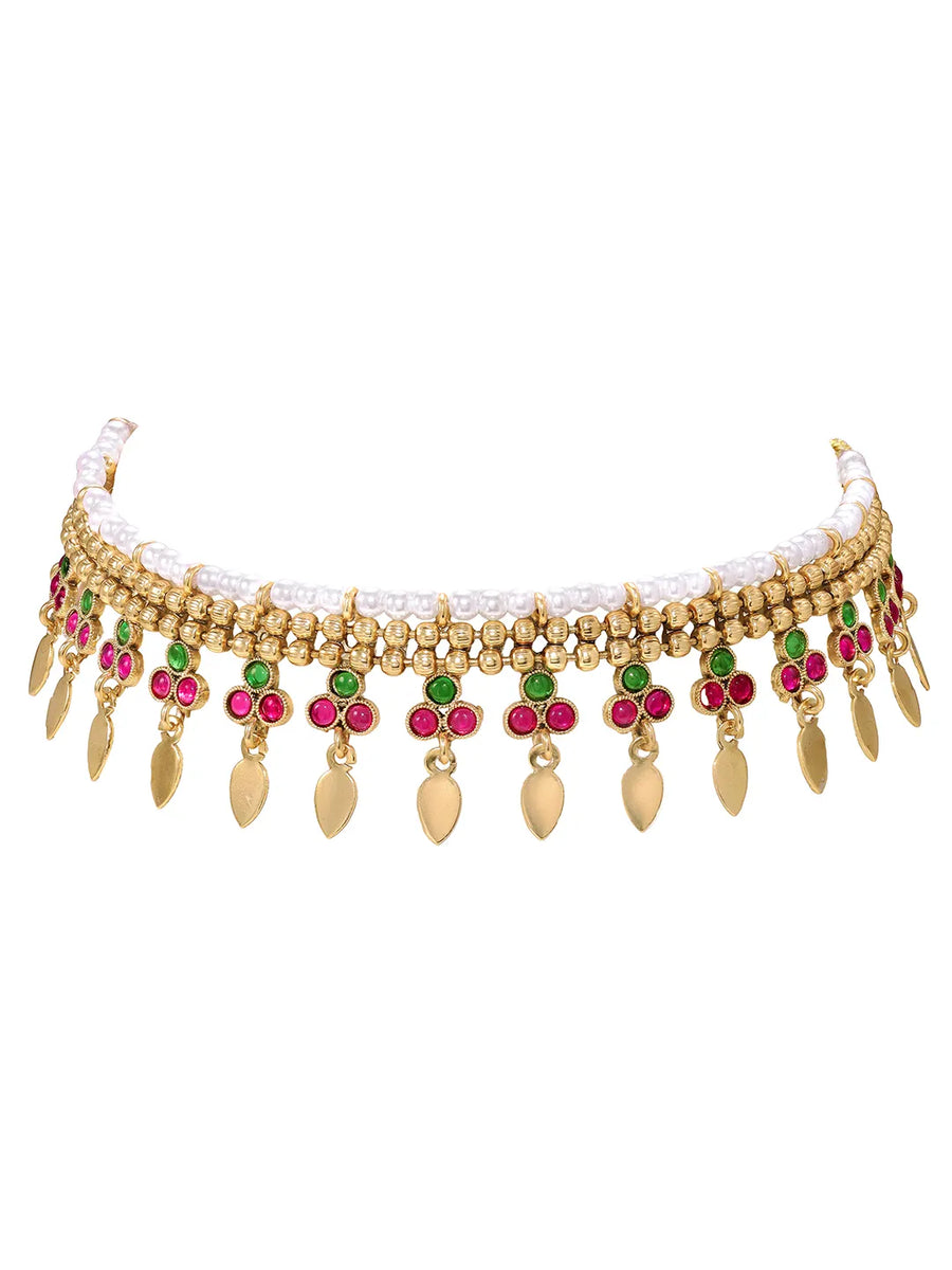 Gold Plated Pink Green Floral Necklace Set