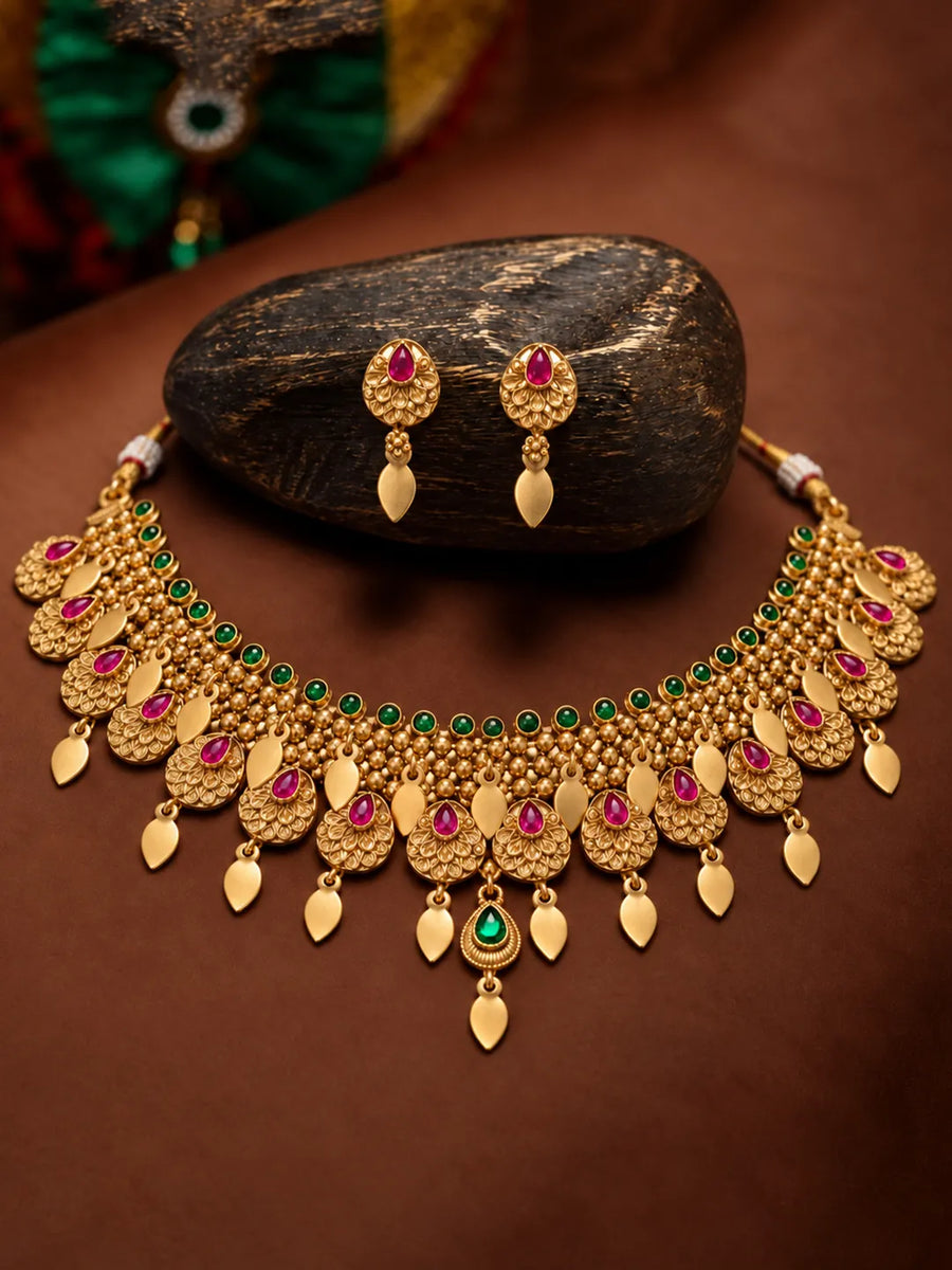 Gold Plated Pink Green Celebration Necklace Set