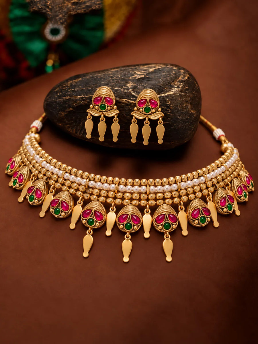 Gold Plated Pink Green Graceful Necklace Set