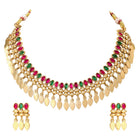 Gold Plated Pink Green Intricate Necklace Set