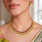 Gold Plated Pink Green Intricate Necklace Set