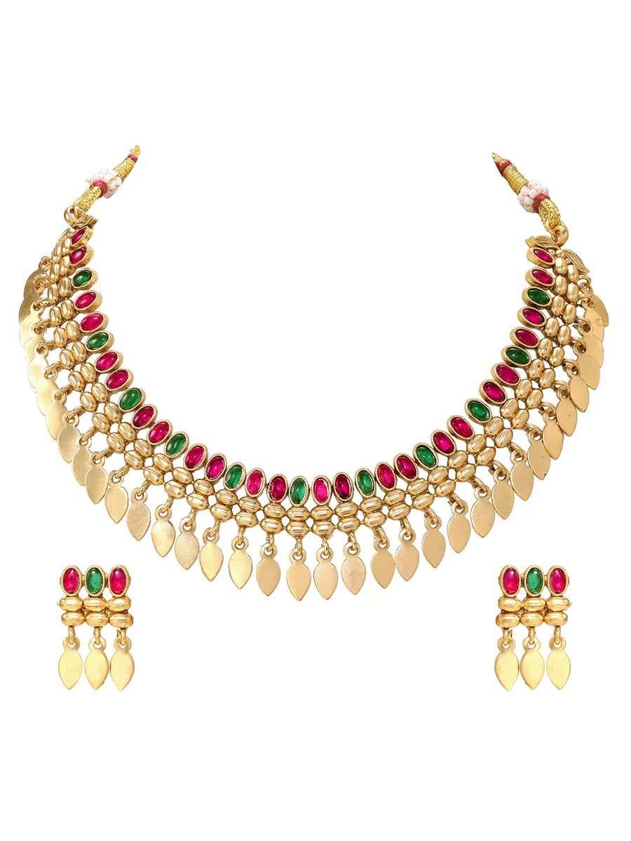 Gold Plated Pink Green Intricate Necklace Set