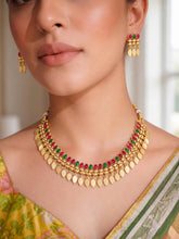 Gold Plated Pink Green Intricate Necklace Set