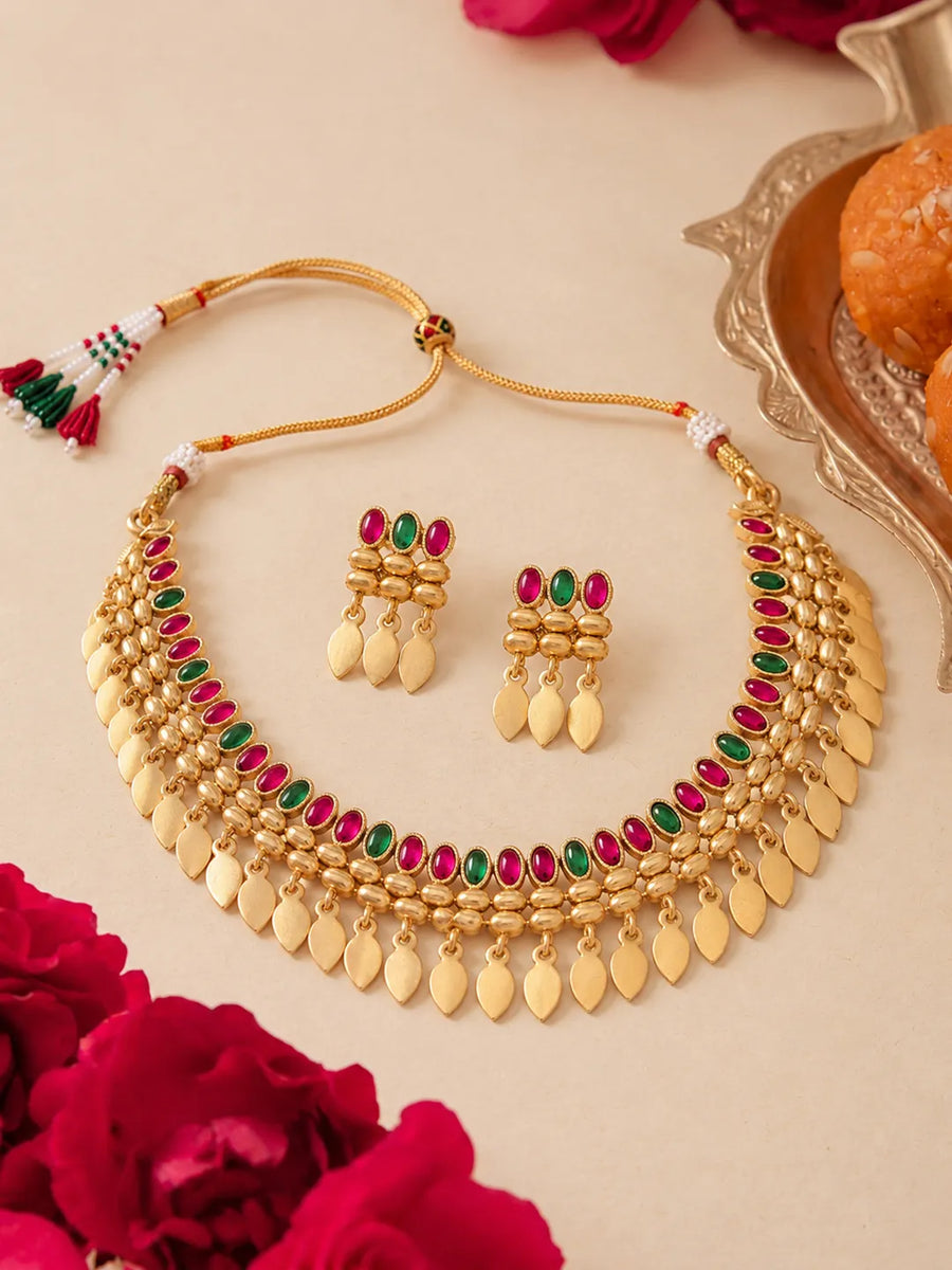 Gold Plated Pink Green Intricate Necklace Set
