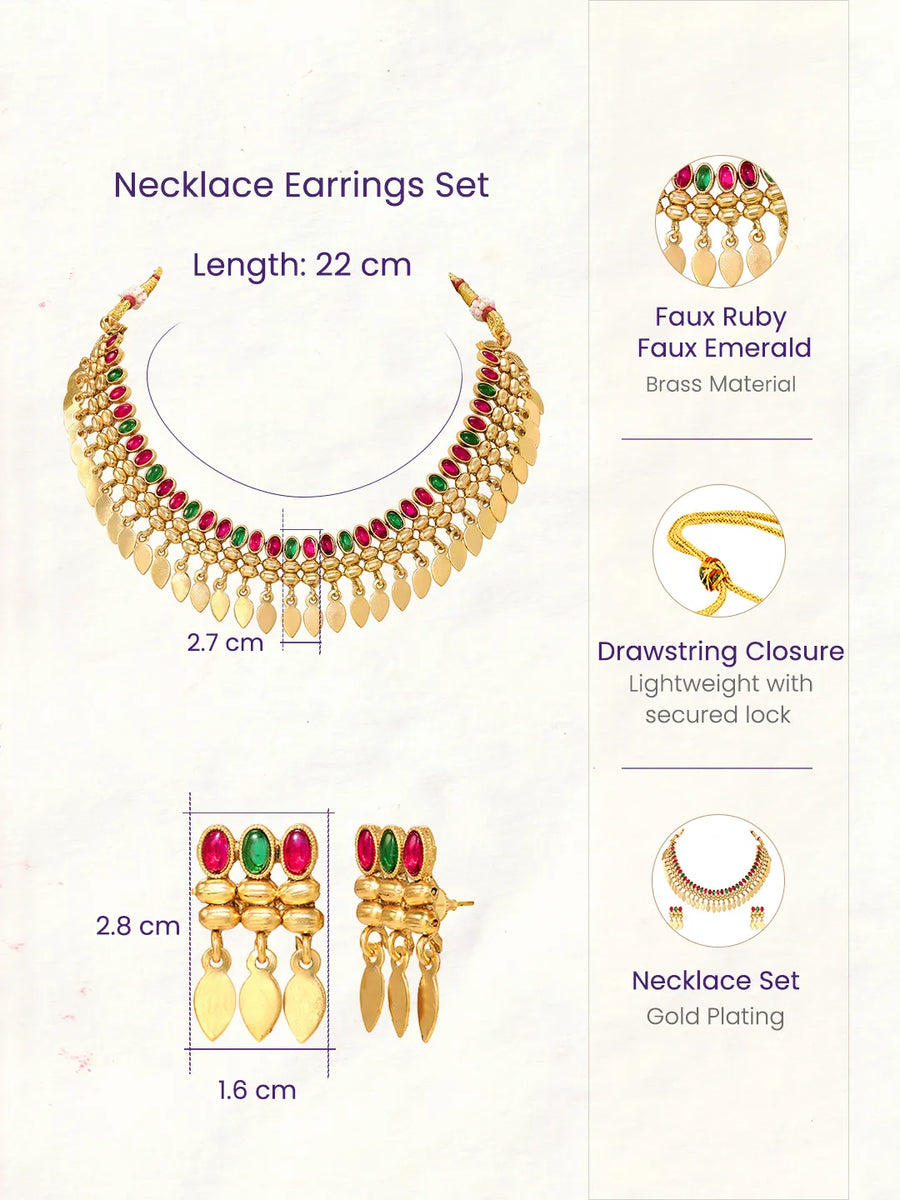 Gold Plated Pink Green Intricate Necklace Set
