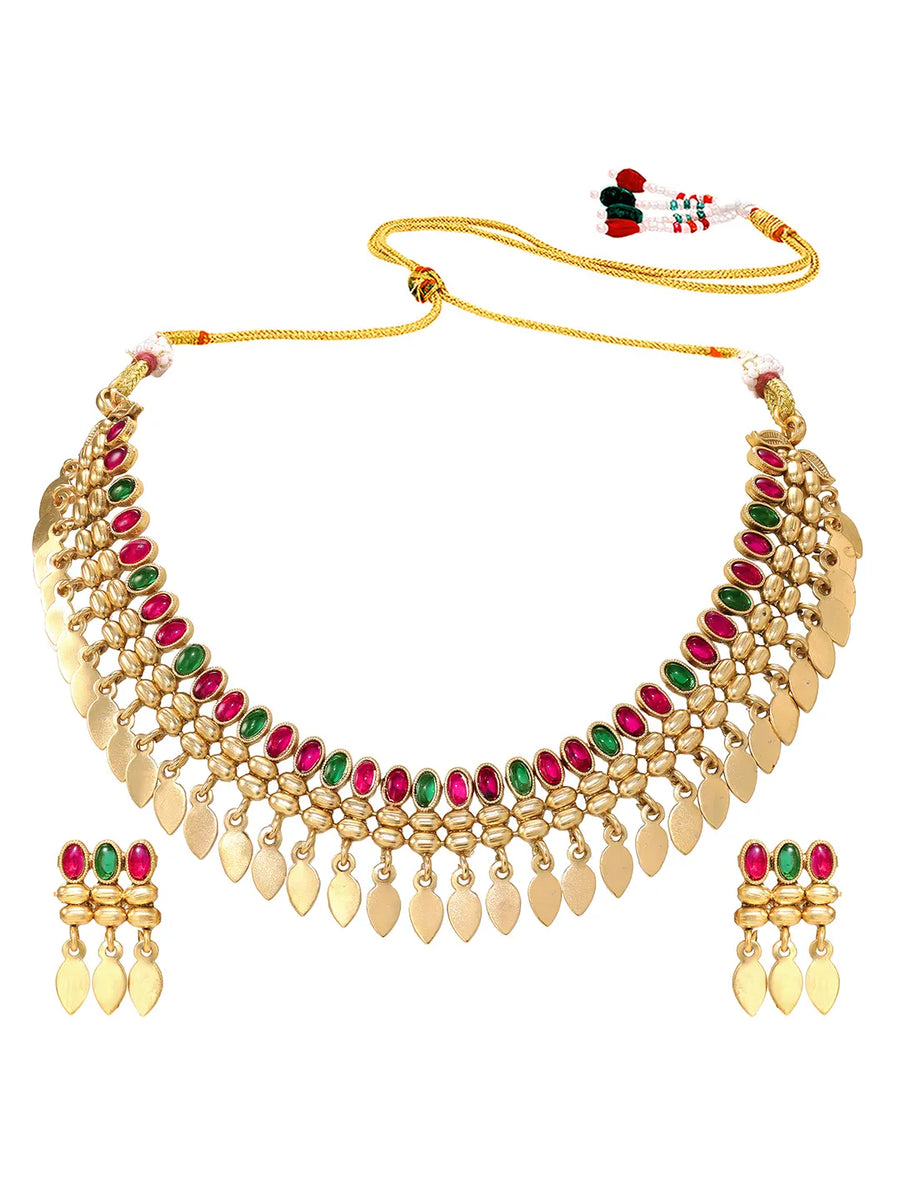 Gold Plated Pink Green Intricate Necklace Set