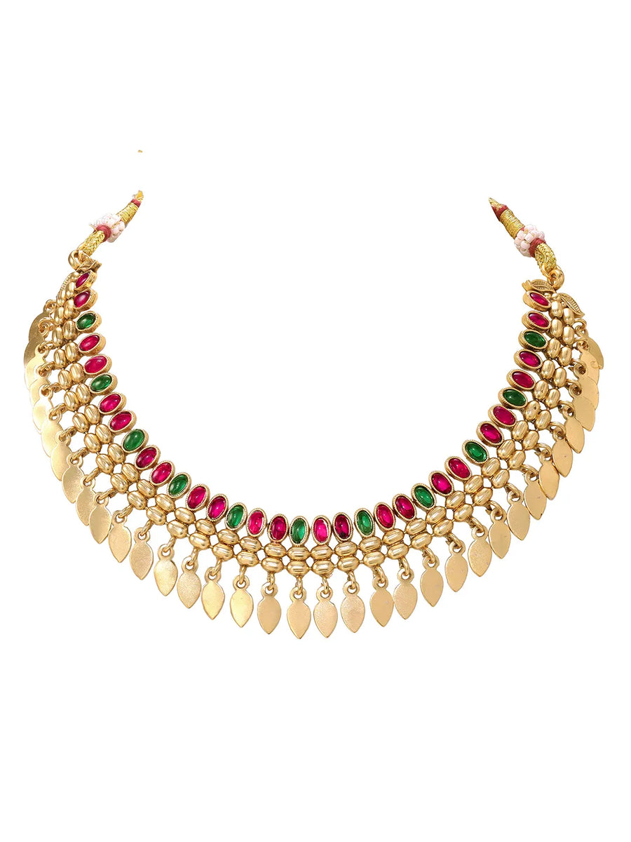 Gold Plated Pink Green Intricate Necklace Set