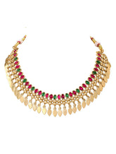 Gold Plated Pink Green Intricate Necklace Set