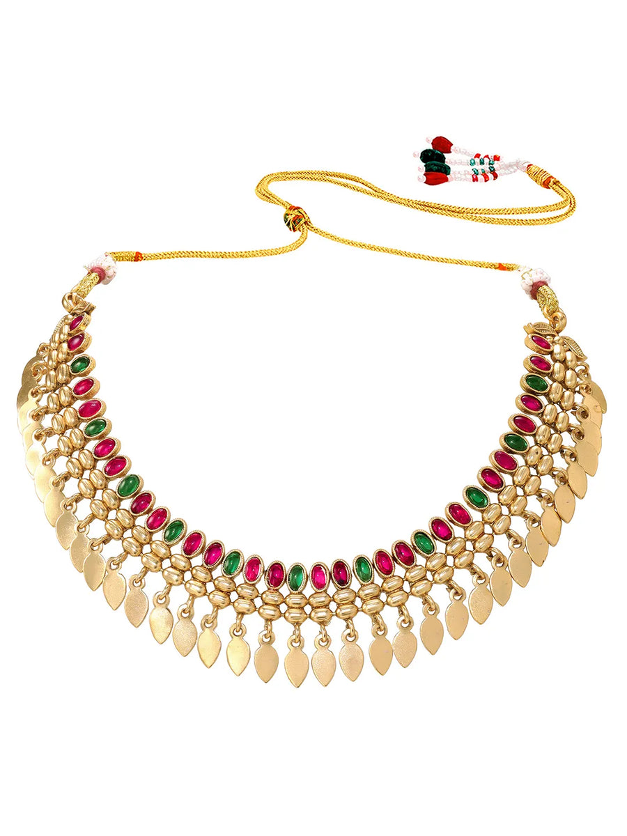 Gold Plated Pink Green Intricate Necklace Set