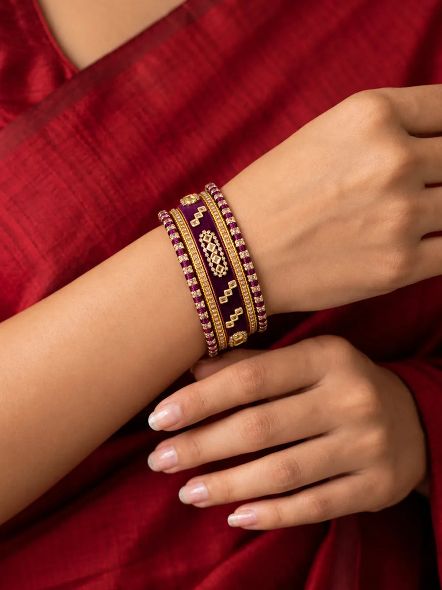Gold Plated Pink Crystal Heritage Bangle Set
