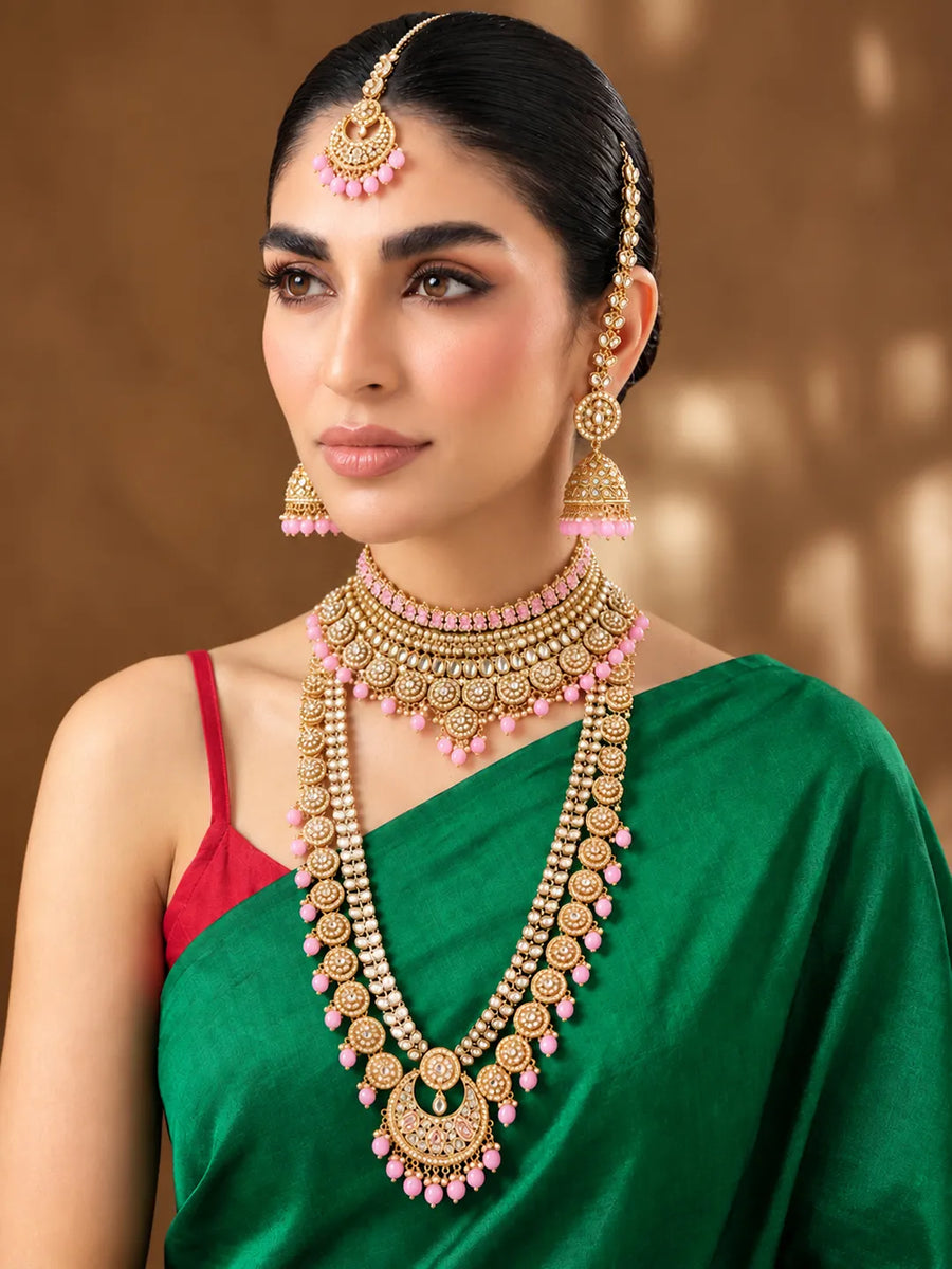 Gold Plated Pink Kundan Heritage Bridal Set
