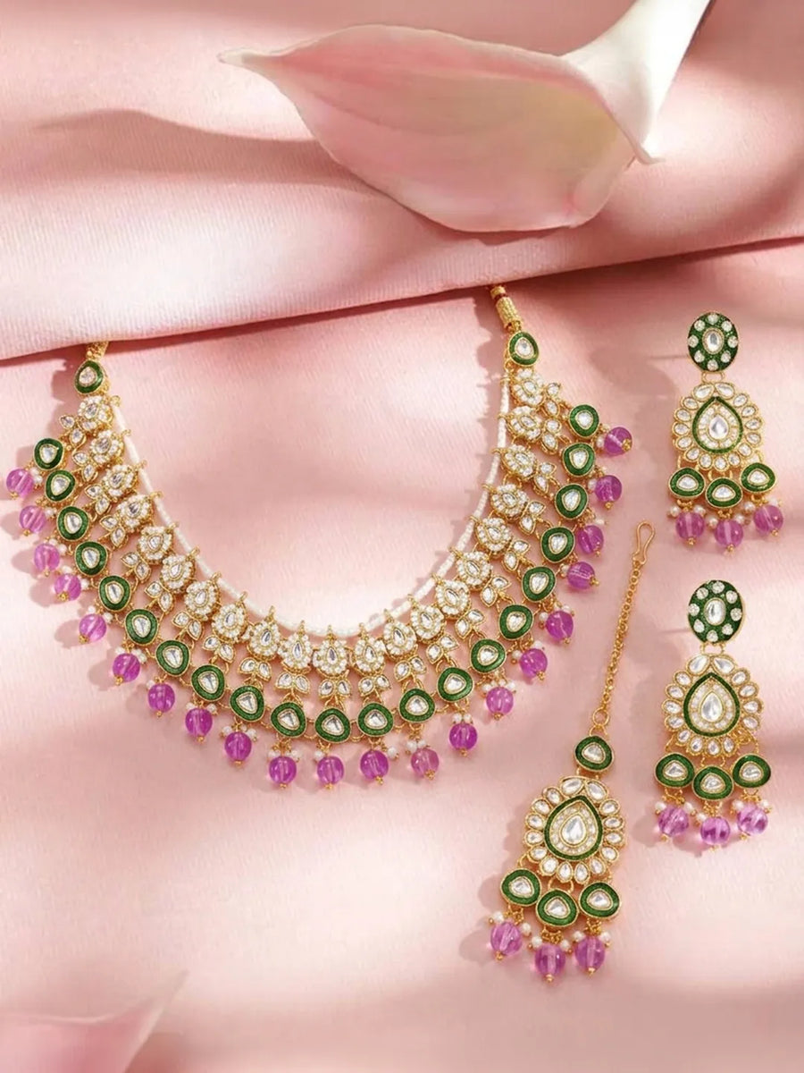 Gold Plated Green Purple Kundan Jewellery Set