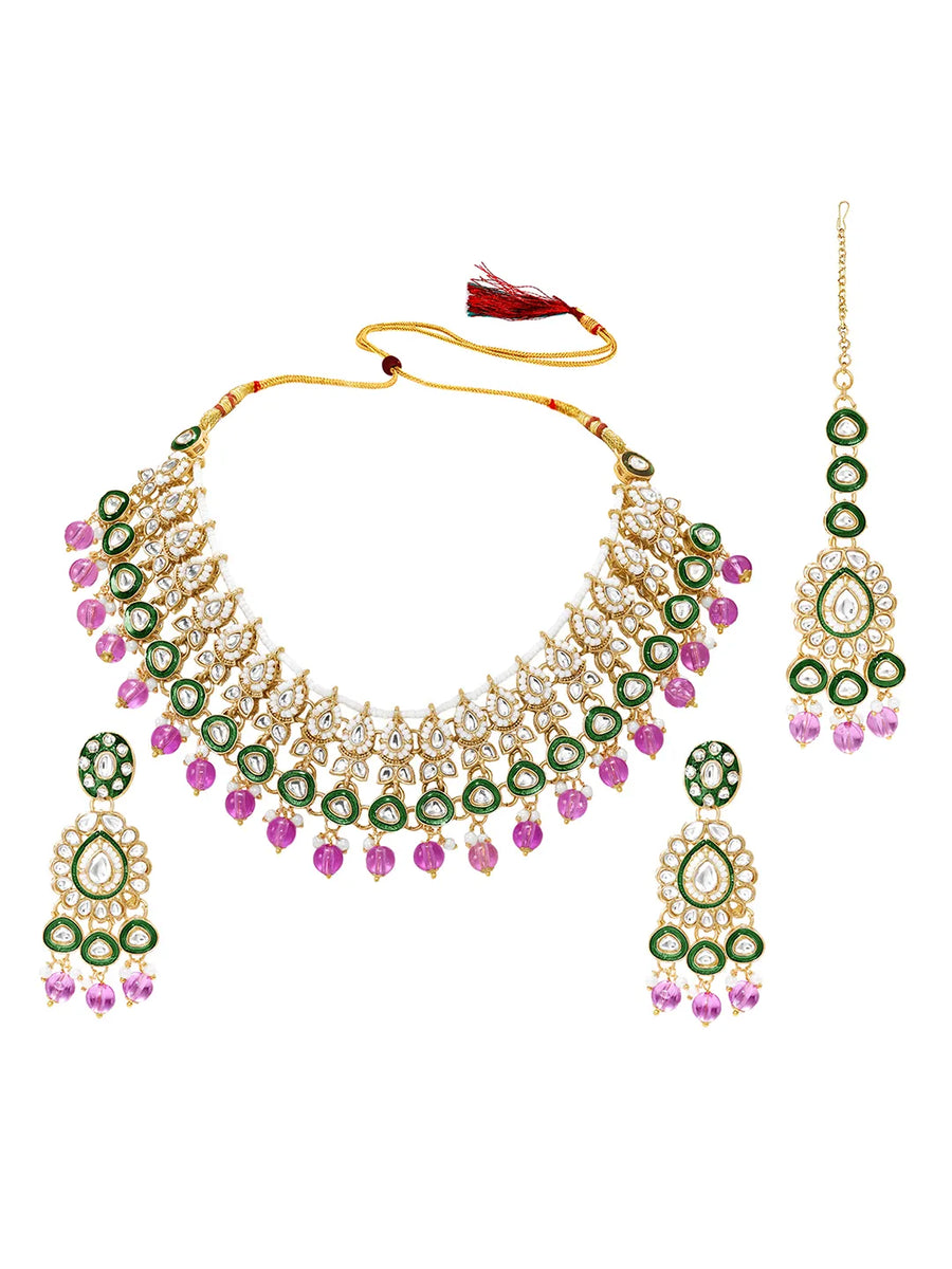 Gold Plated Green Purple Kundan Jewellery Set