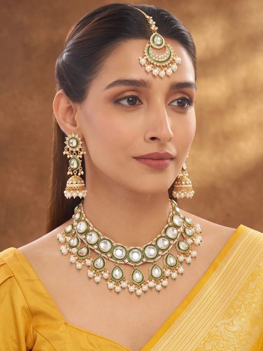 Gold Plated Green Kundan Pearl Bridal Set