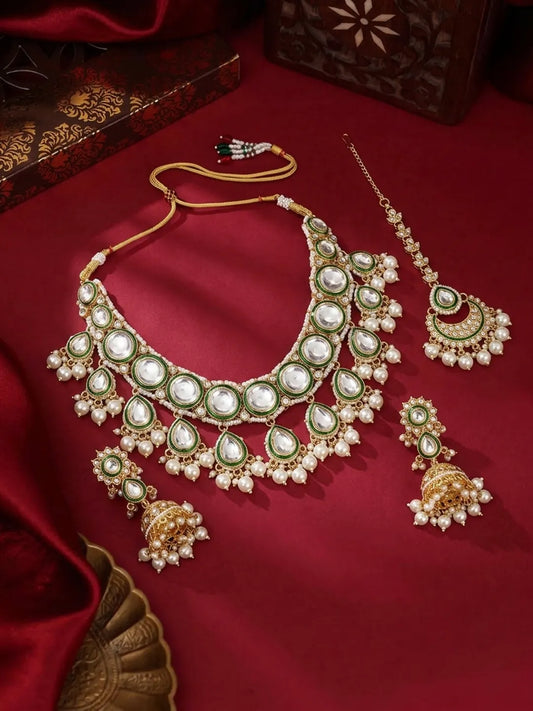 Gold Plated Green Kundan Pearl Bridal Set