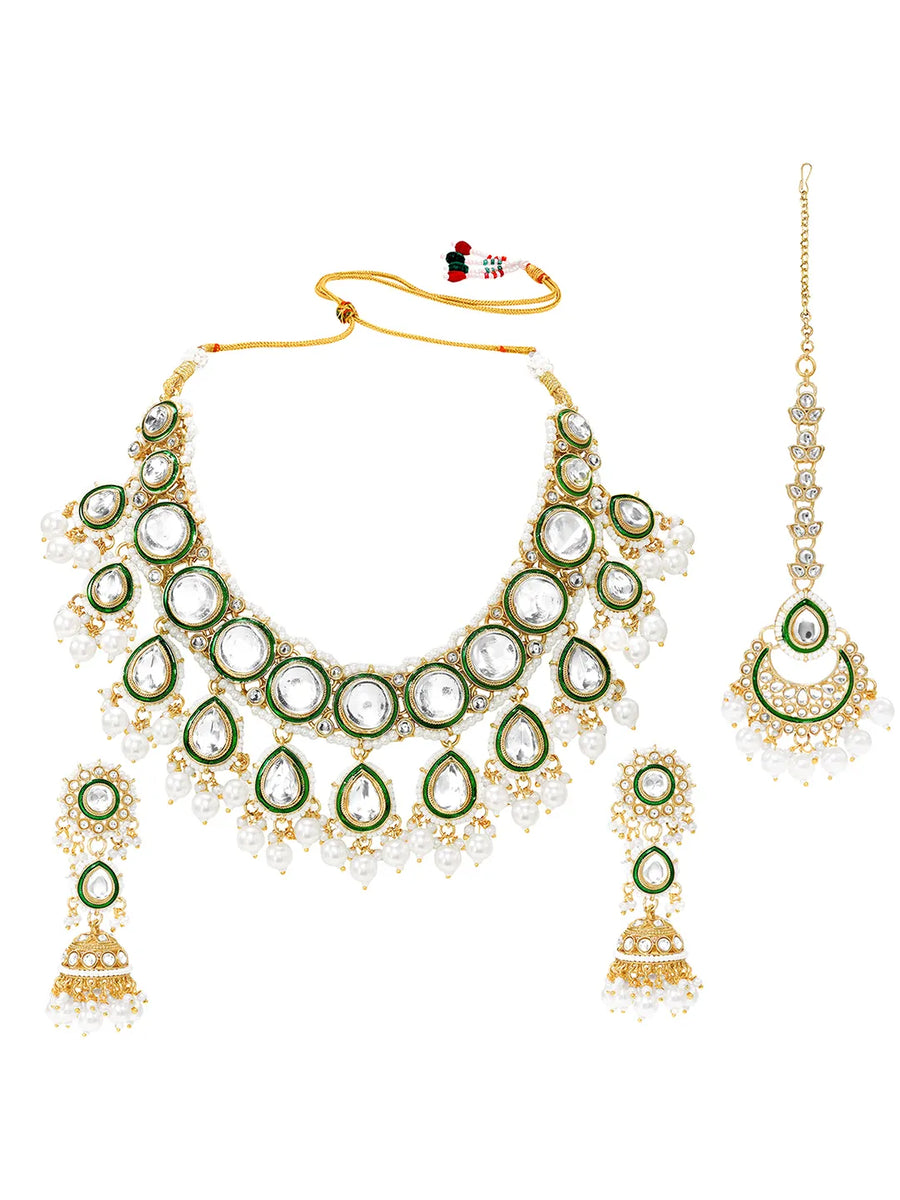 Gold Plated Green Kundan Pearl Bridal Set