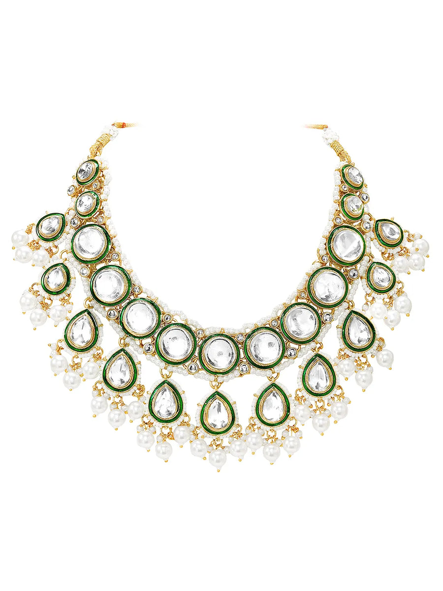 Gold Plated Green Kundan Pearl Bridal Set