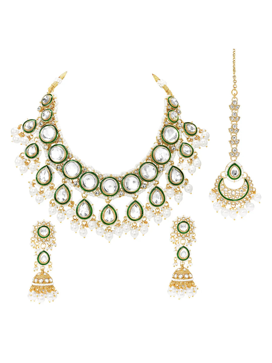 Gold Plated Green Kundan Pearl Bridal Set