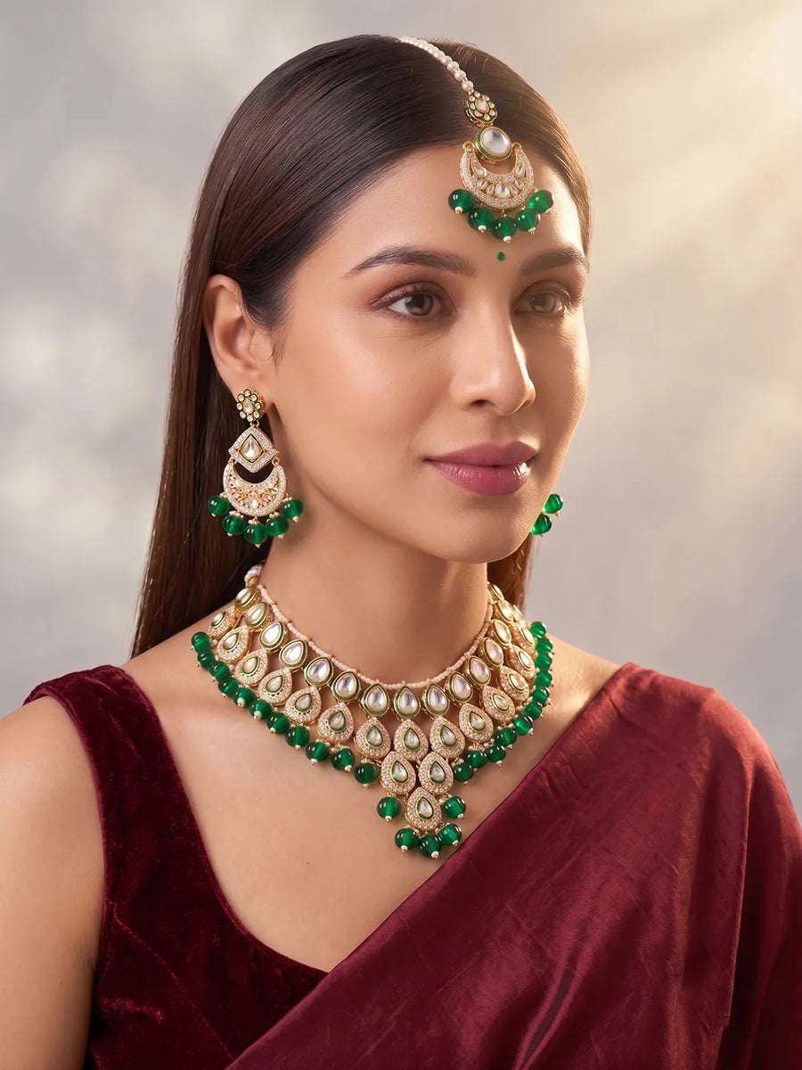 Gold Plated Green Kundan Bead Bridal Necklace Set