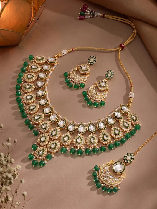 Gold Plated Green Kundan Bead Bridal Necklace Set