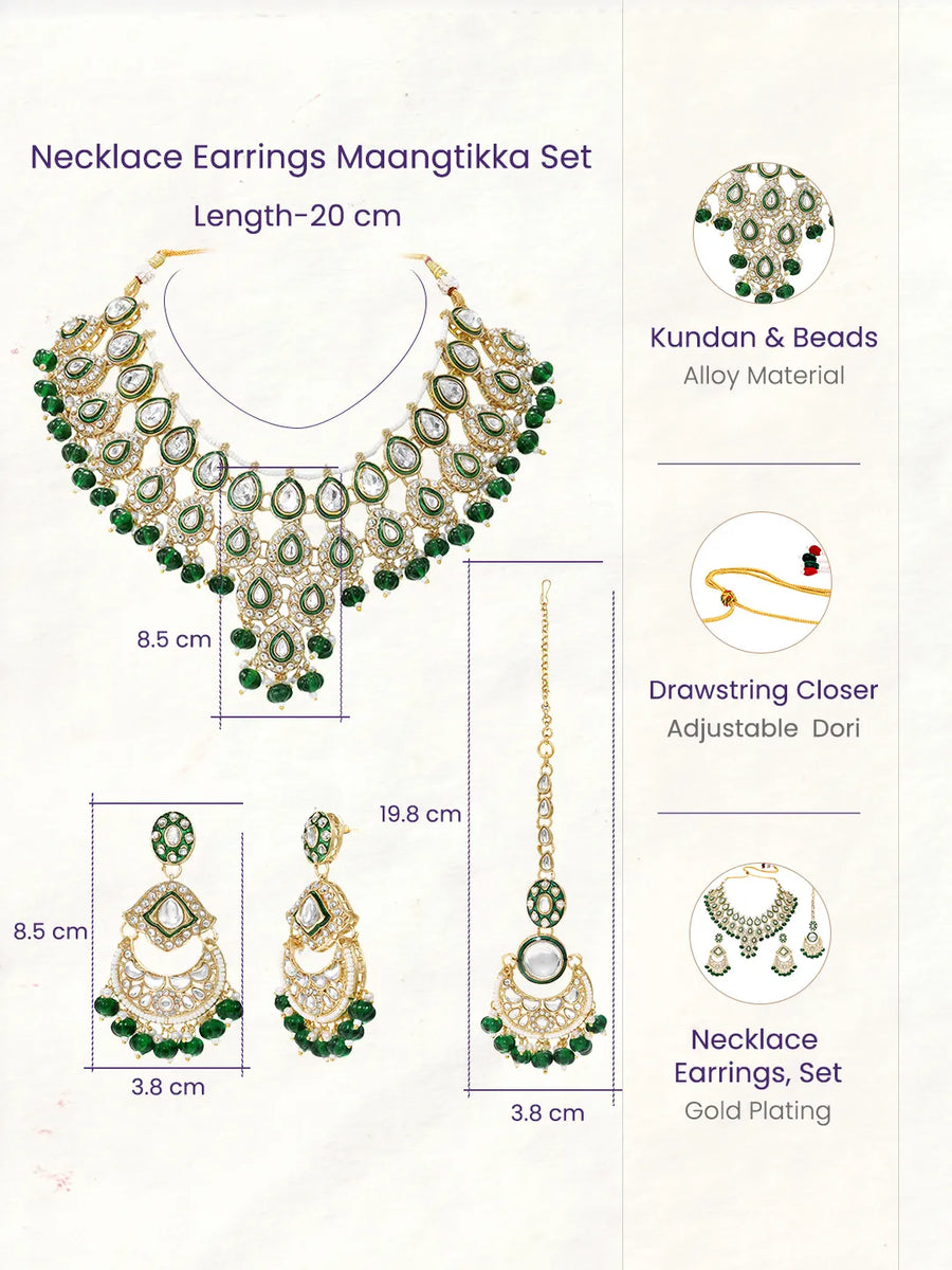 Gold Plated Green Kundan Bead Bridal Necklace Set