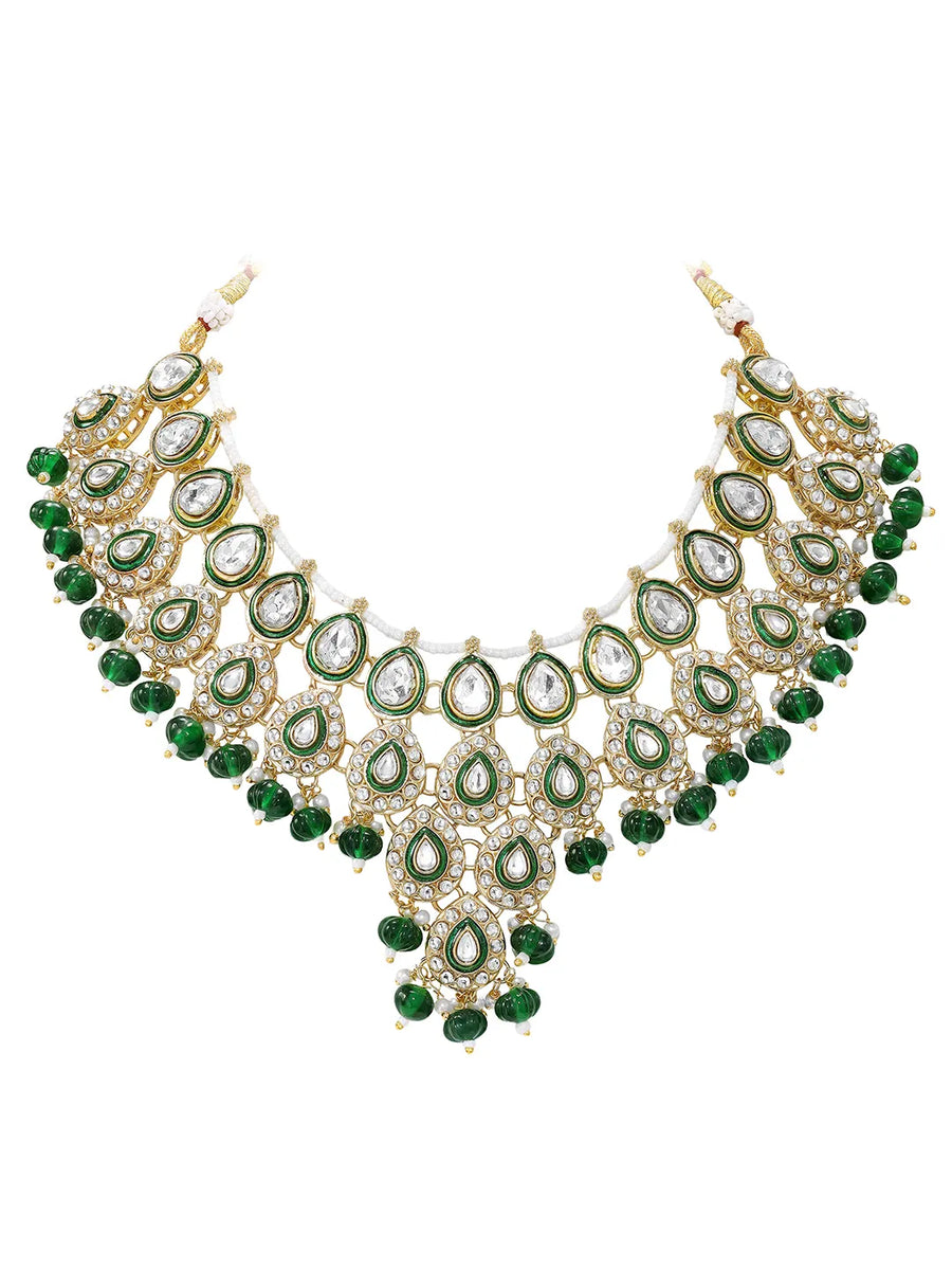 Gold Plated Green Kundan Bead Bridal Necklace Set