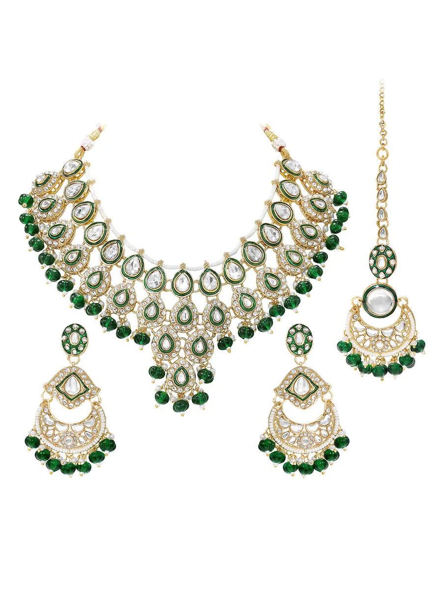 Gold Plated Green Kundan Bead Bridal Necklace Set