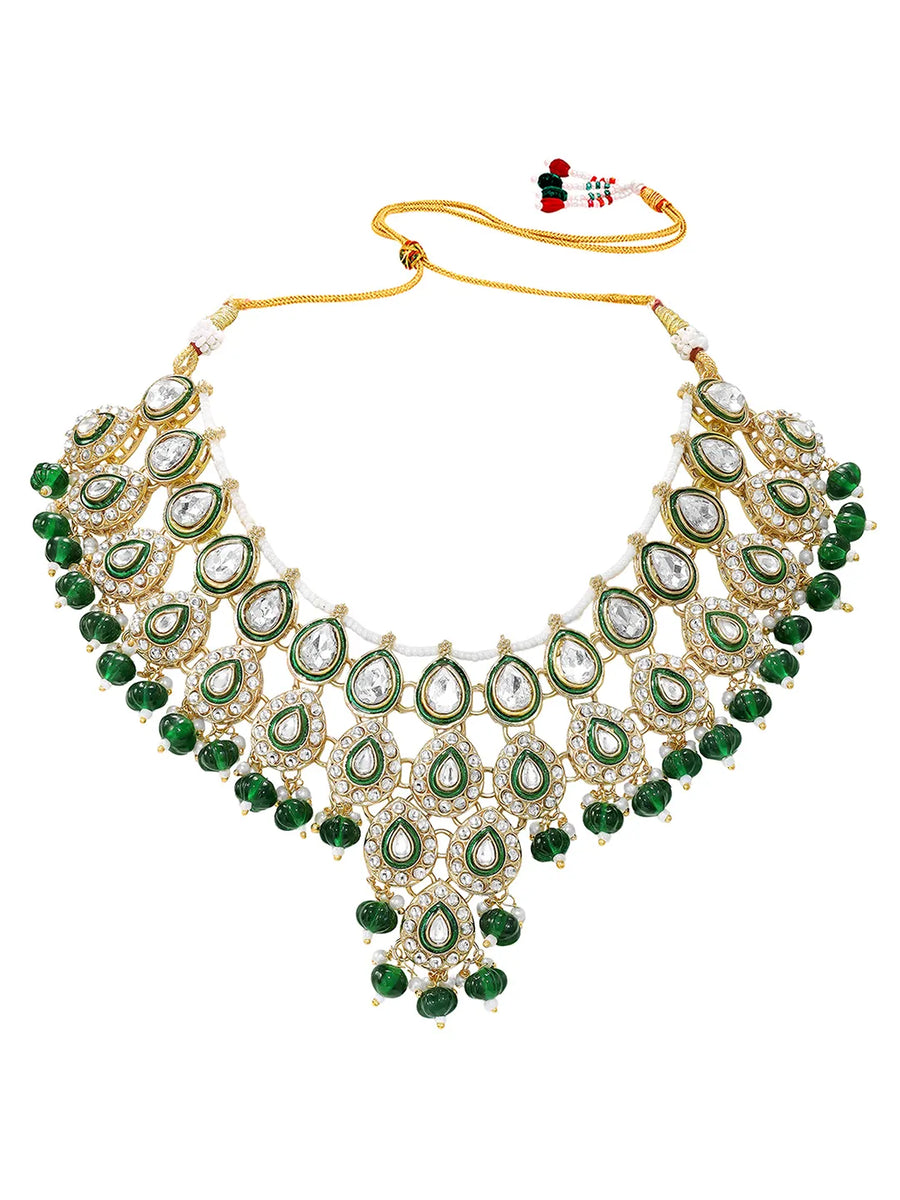 Gold Plated Green Kundan Bead Bridal Necklace Set