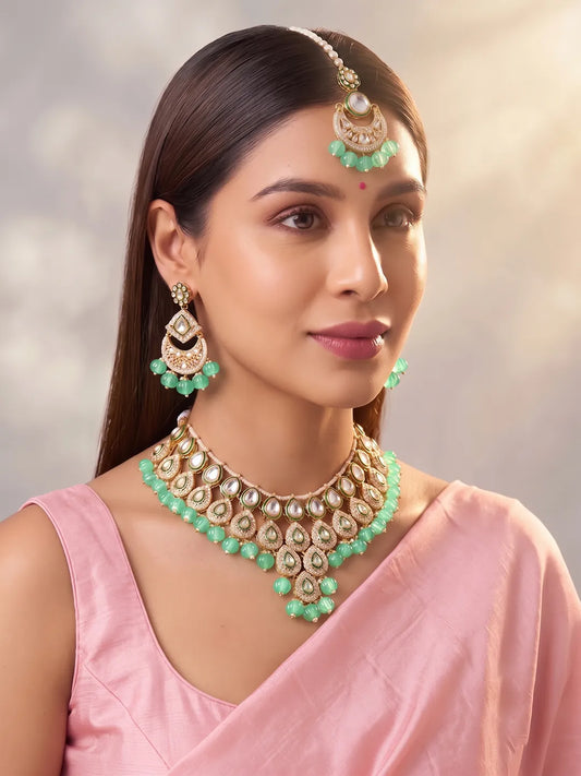 Gold Plated Mint Kundan Bead Bridal Necklace Set