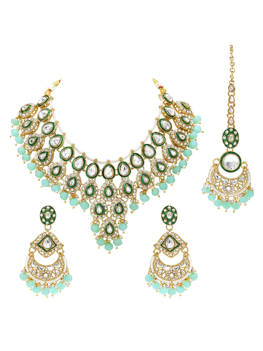 Gold Plated Mint Kundan Bead Bridal Necklace Set