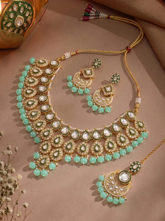 Gold Plated Mint Kundan Bead Bridal Necklace Set