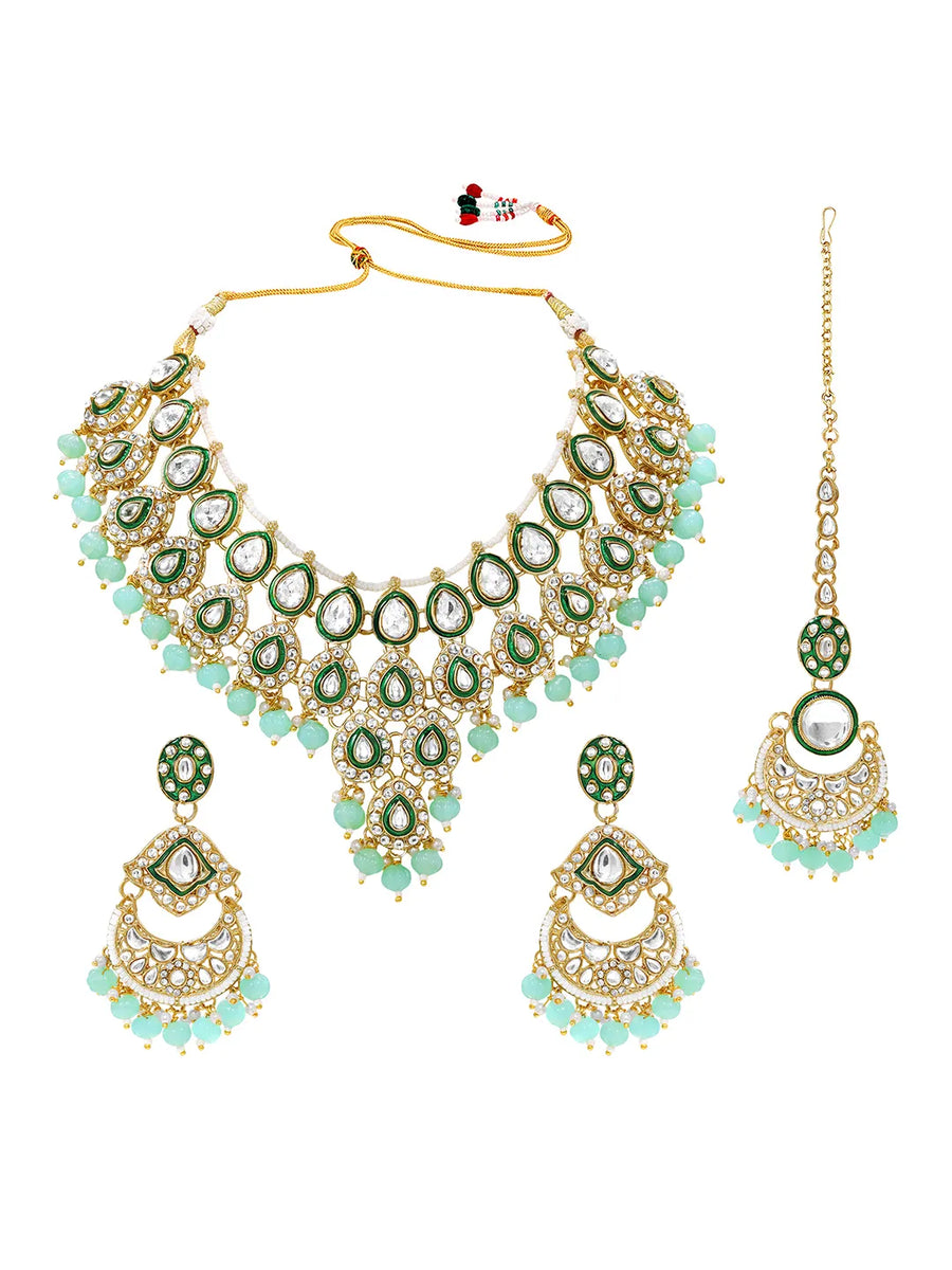 Gold Plated Mint Kundan Bead Bridal Necklace Set