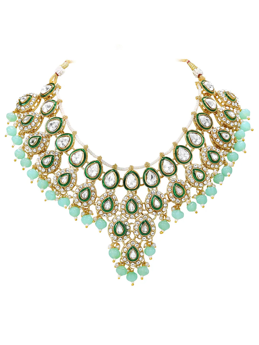 Gold Plated Mint Kundan Bead Bridal Necklace Set