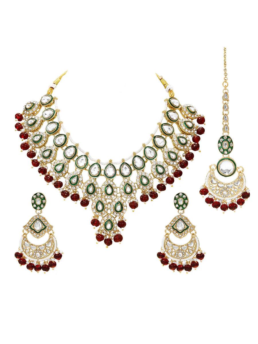 Gold Plated Maroon Kundan Bead Bridal Necklace Set