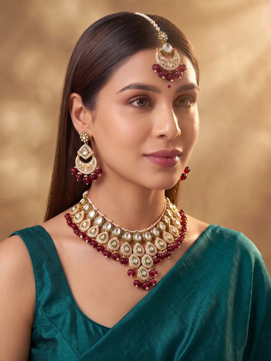 Gold Plated Maroon Kundan Bead Bridal Necklace Set