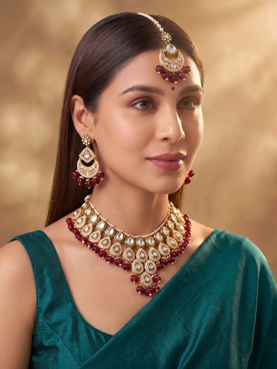 Gold Plated Maroon Kundan Bead Bridal Necklace Set