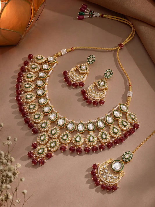 Gold Plated Maroon Kundan Bead Bridal Necklace Set
