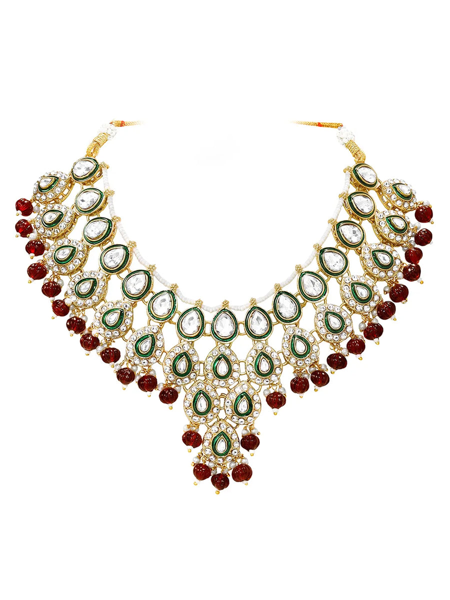 Gold Plated Maroon Kundan Bead Bridal Necklace Set