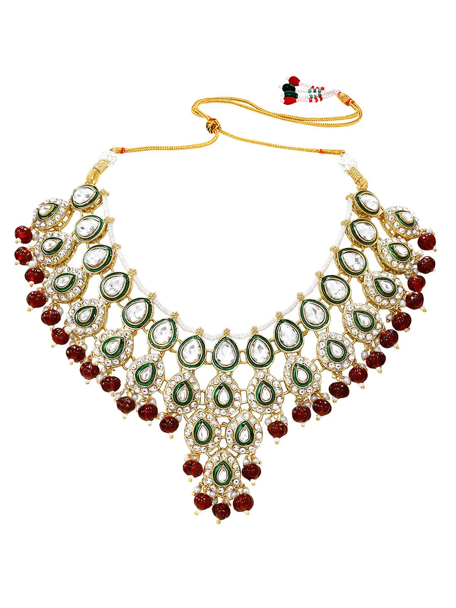 Gold Plated Maroon Kundan Bead Bridal Necklace Set