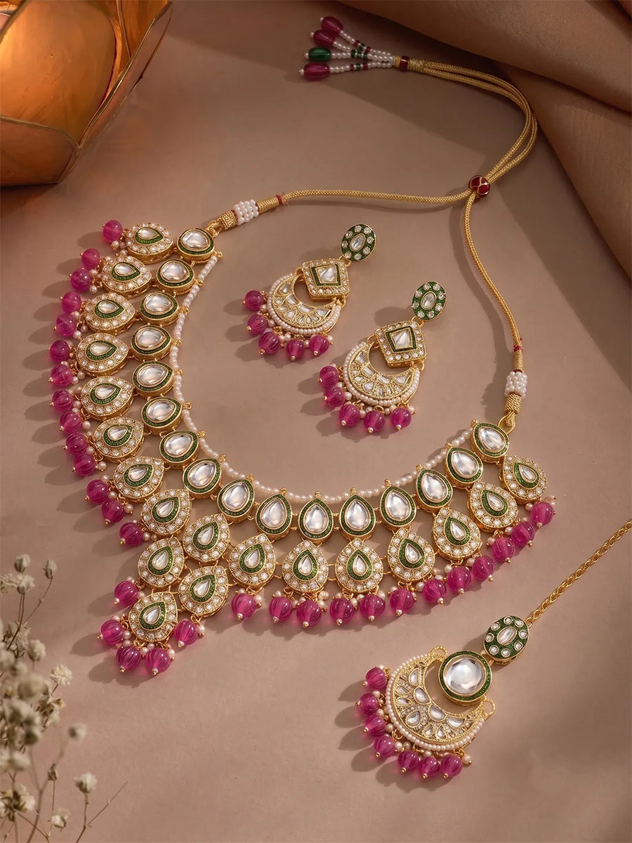 Gold Plated Purple Kundan Bead Bridal Necklace Set