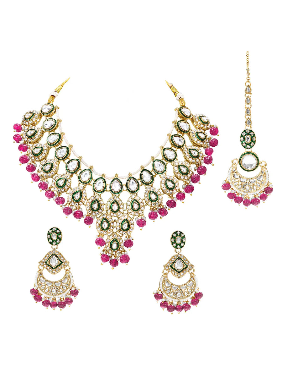 Gold Plated Purple Kundan Bead Bridal Necklace Set