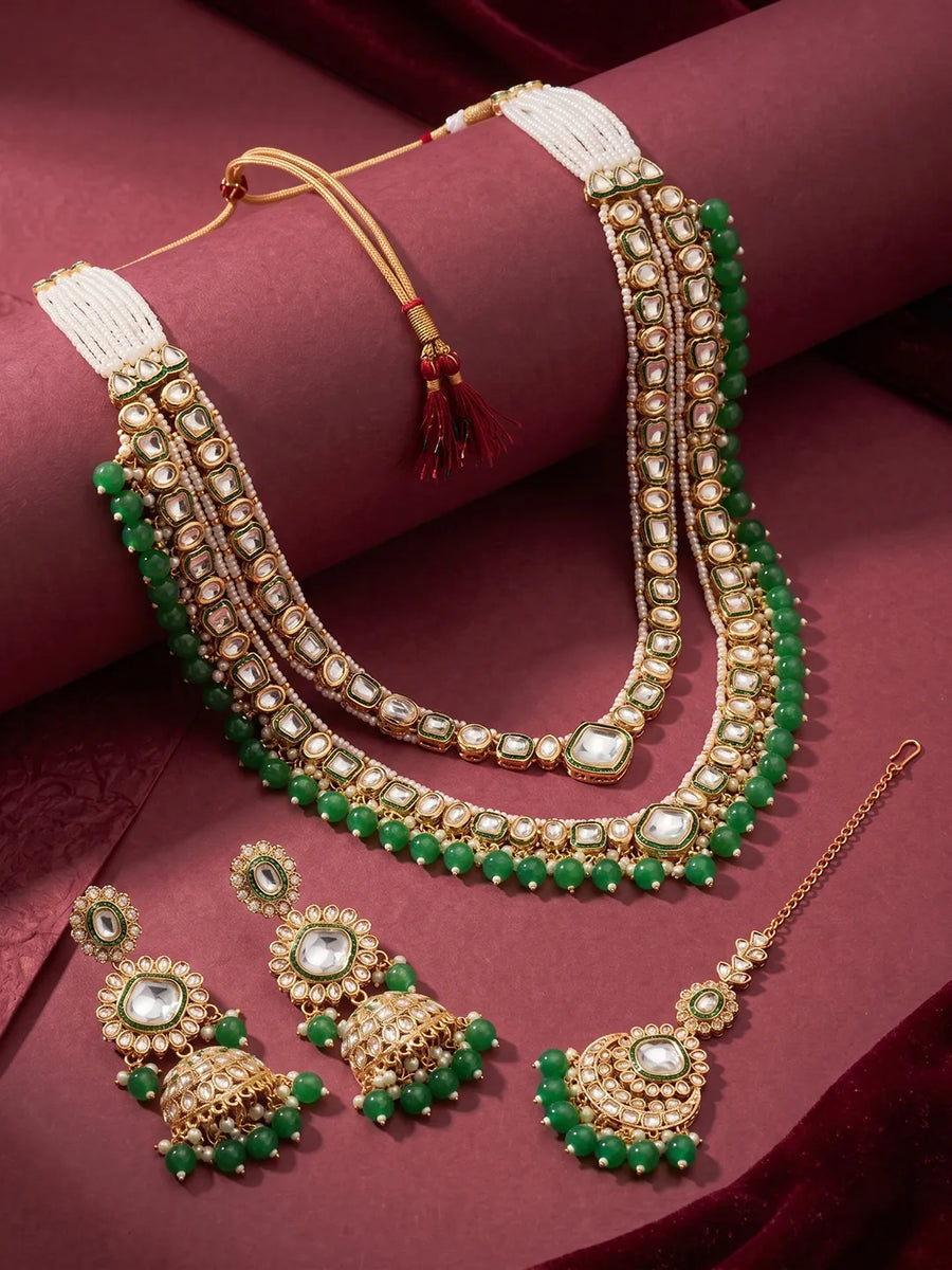 Gold Plated Green Kundan Layered Bridal Set